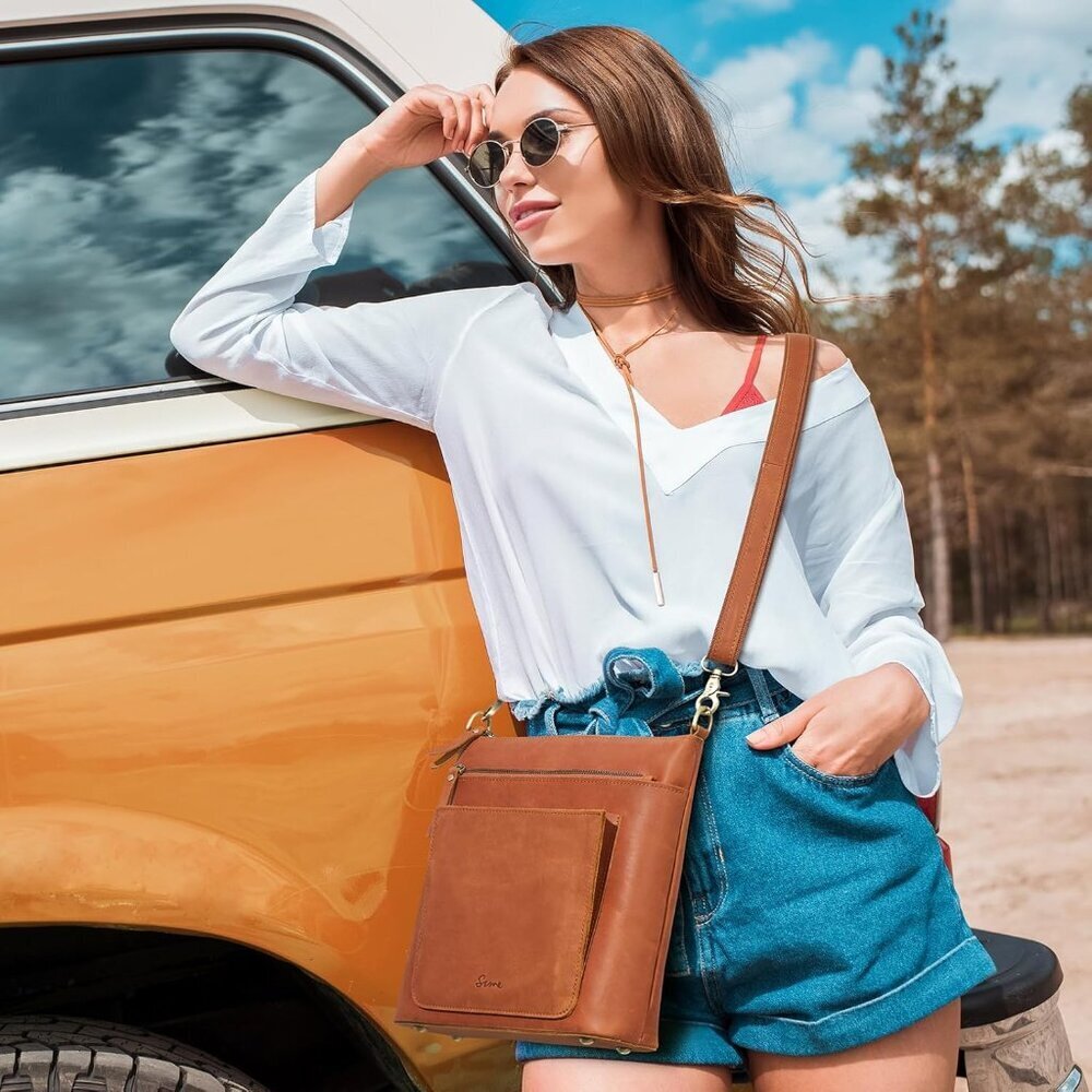 Leather Crossbody Bag for Women Medium Vintage Multi Pockets Travel Purse - Picture 2 of 8